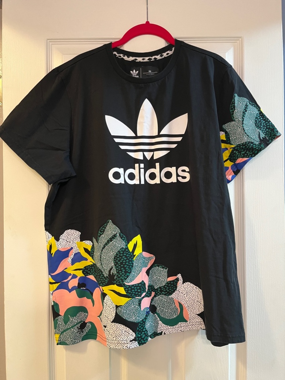 Adidas Black Trefoil Tee with Multicolor Floral Accents